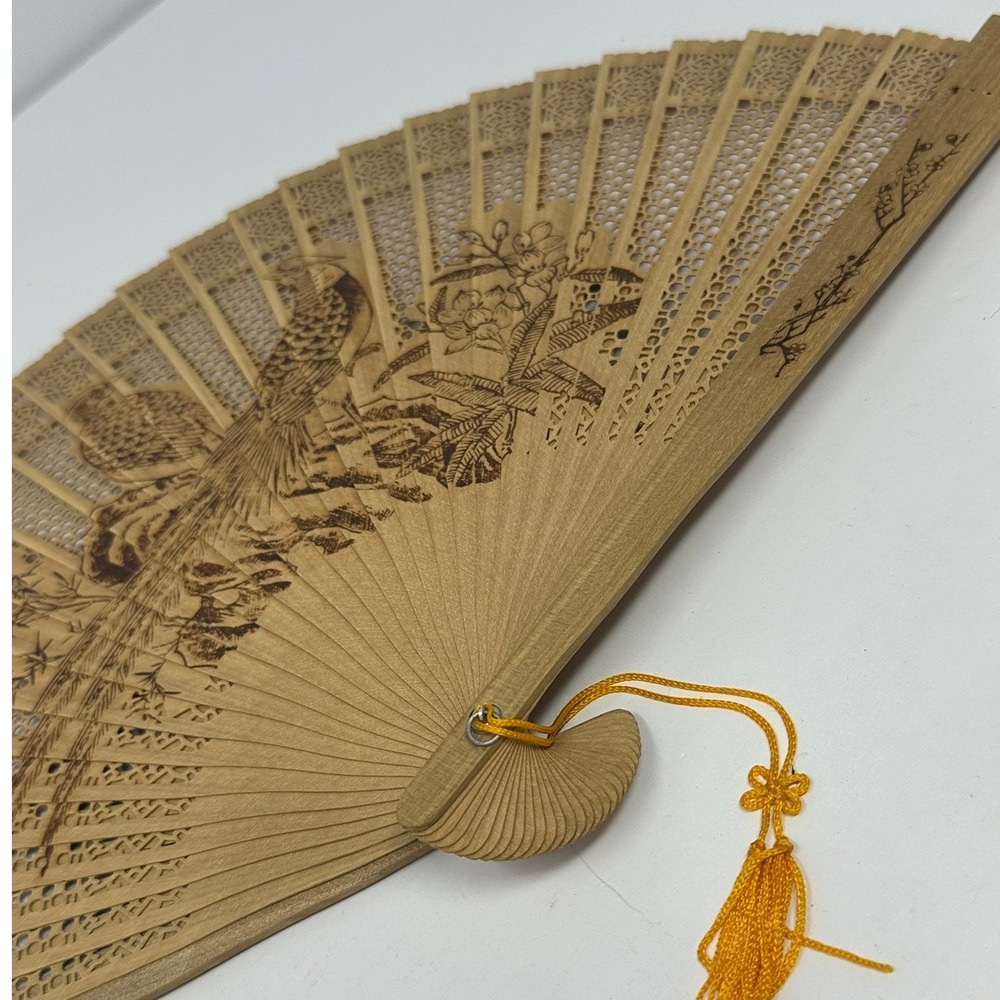 Vintage Chinese Sandalwood Folding Fan Carved Pheasant Design with‎ Brocade Box - Picture 7 of 14